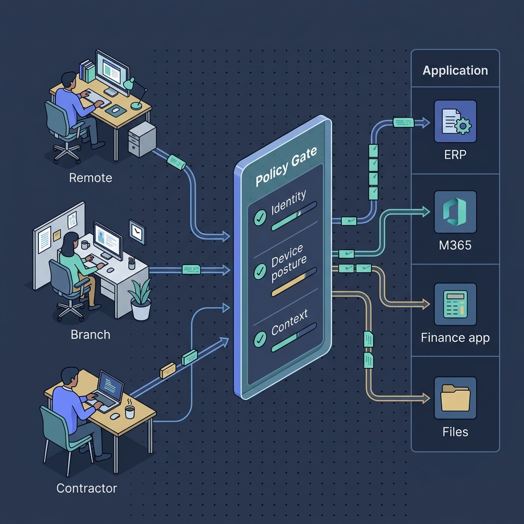 Zero Trust Network Access architecture concept showing per-request identity verification before access to corporate applications