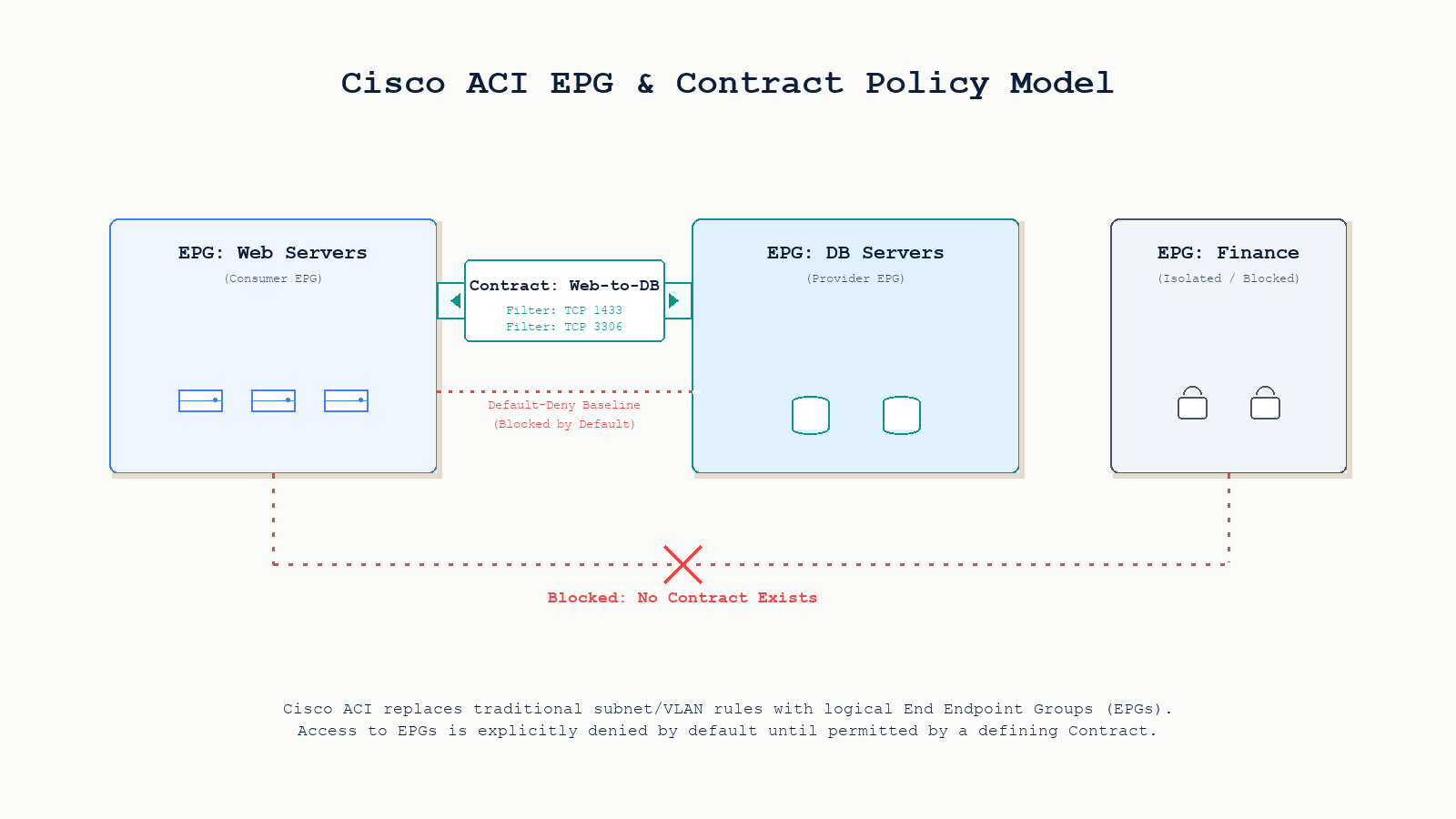 Cisco ACI EPG and Contract policy model showing Provider EPG, Consumer EPG, and Contract permitting specific traffic with default-deny baseline