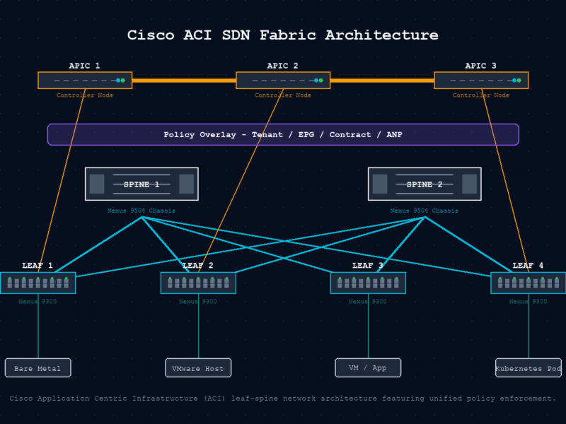 Cisco ACI fabric architecture diagram showing APIC cluster controlling Nexus 9000 spines and leaves with policy overlay