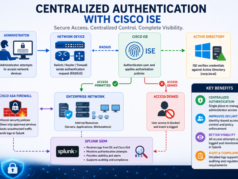 Cisco ISE centralized authentication architecture diagram showing administrator, network device, ISE, Active Directory, ASA firewall, and Splunk SIEM integration