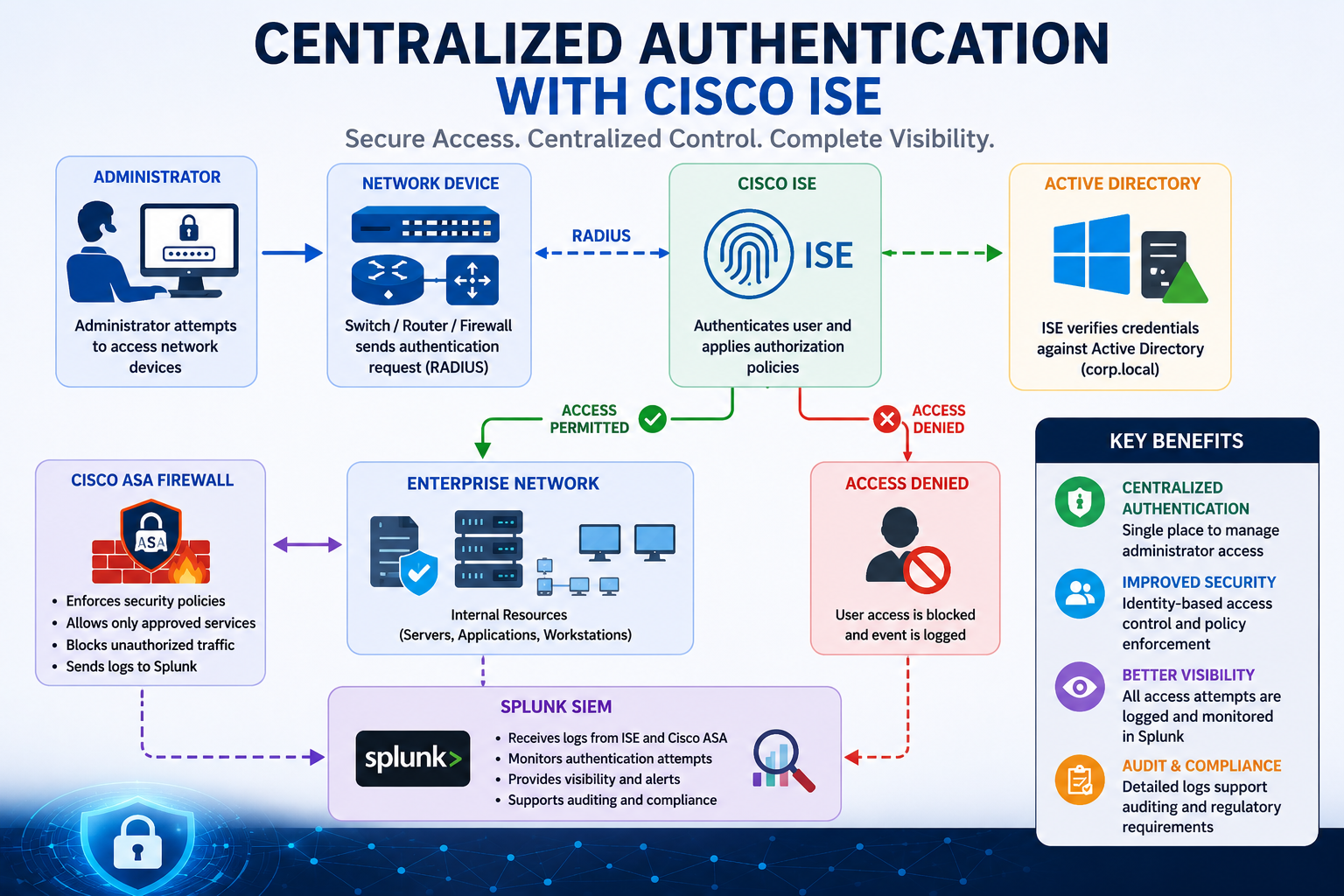 Cisco ISE centralized authentication architecture diagram showing administrator, network device, ISE, Active Directory, ASA firewall, and Splunk SIEM integration