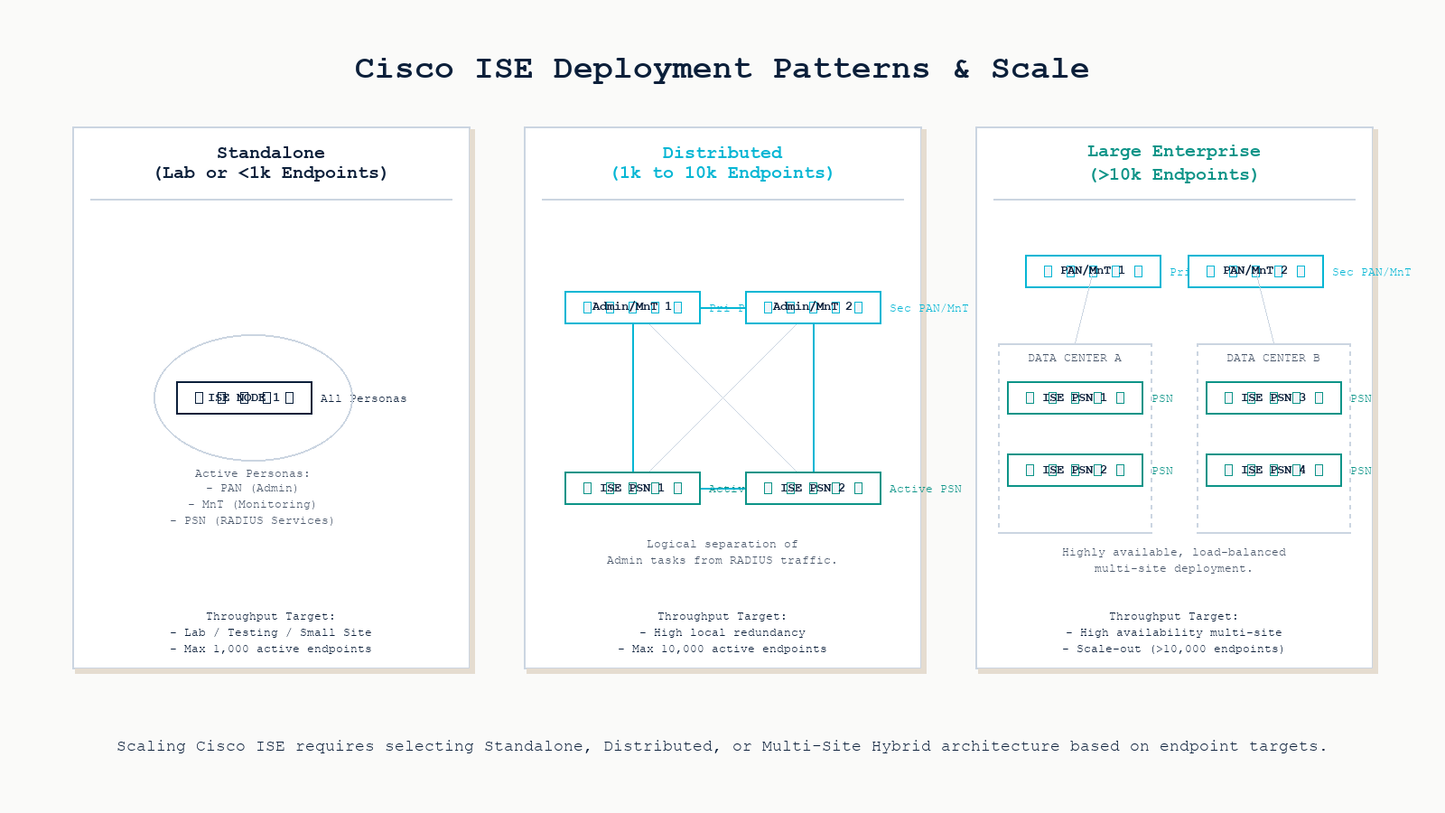 Cisco ISE deployment patterns showing standalone, small-medium distributed, and large enterprise hybrid models with PAN, MnT, and PSN nodes