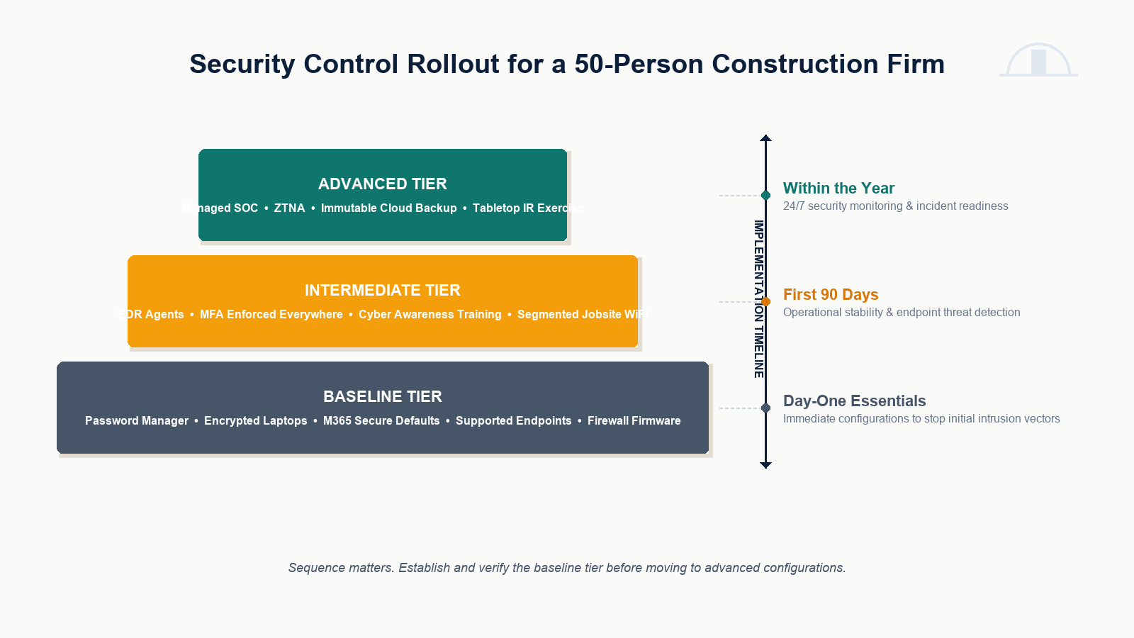 Cybersecurity control rollout for a 50-person construction company showing baseline, intermediate, and advanced control tiers