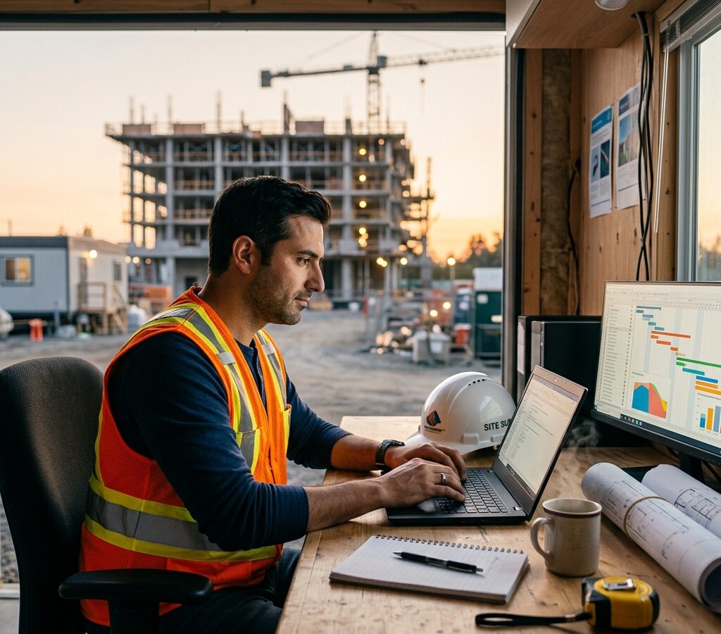 Construction project manager reviewing project files on a laptop in a site trailer with a secure connection back to head office
