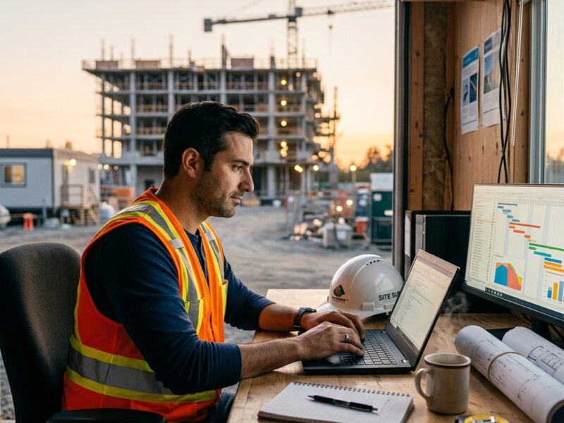 Construction project manager reviewing project files on a laptop in a site trailer with a secure connection back to head office