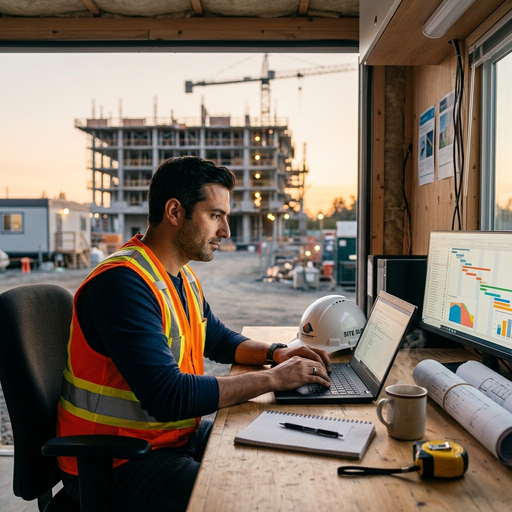 Construction project manager reviewing project files on a laptop in a site trailer with a secure connection back to head office