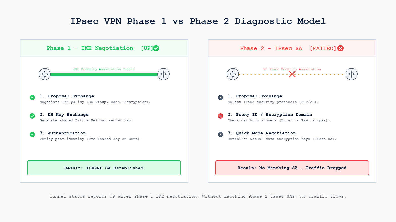 IPsec VPN Phase 1 IKE negotiation and Phase 2 IPsec SA negotiation diagram showing where tunnel reports up but traffic fails