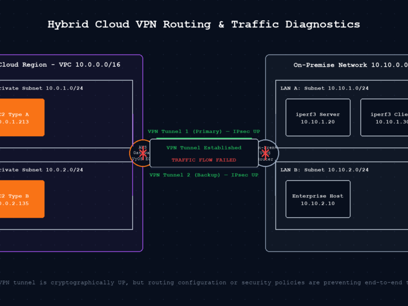 Hybrid cloud VPN architecture diagram showing AWS VPC connected to on-premises network via two IPsec tunnels with traffic flow failure indicator