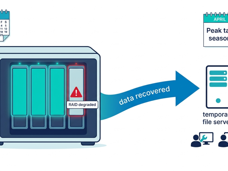 A four-bay NAS with one failed disk highlighted while recovered data flows to a temporary file server during tax season