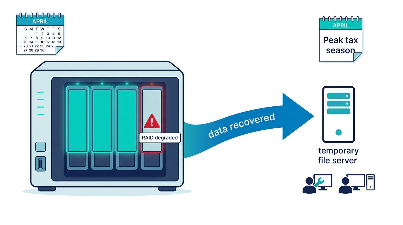 A four-bay NAS with one failed disk highlighted while recovered data flows to a temporary file server during tax season
