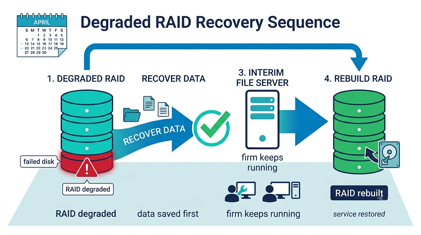 Flow diagram showing a degraded RAID array, data recovered first, a temporary file server keeping the firm running, then a new disk and rebuilt array