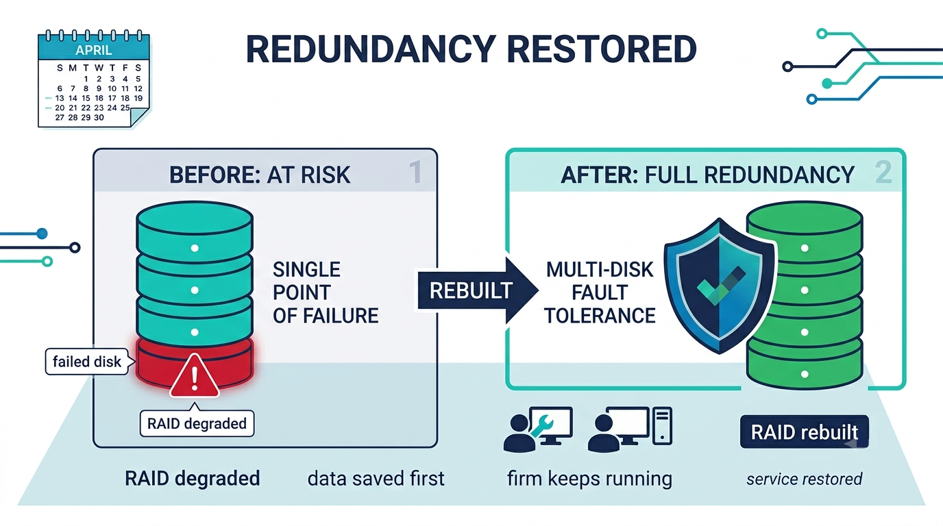 Before and after comparison of a fragile degraded array versus a fully redundant rebuilt RAID array